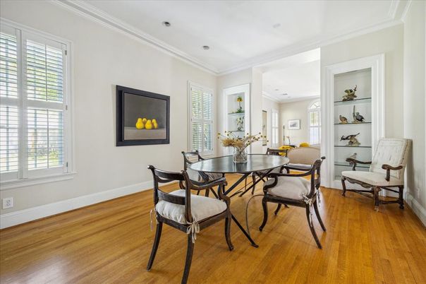 Dining room, Interior, Recessed Lighting, Wood Texture Flooring