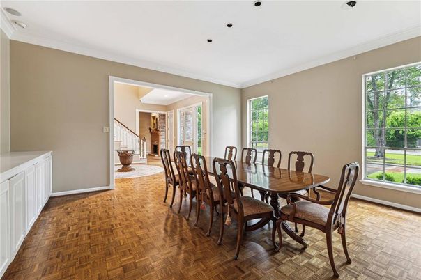 Dining room, Interior, Recessed Lighting, Wood Texture Flooring