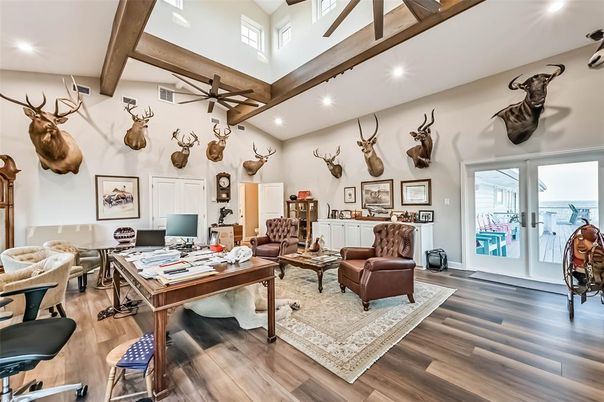 Home Office, Interior, Living room, Recessed Lighting, Wooden Beams, Wood Texture Flooring