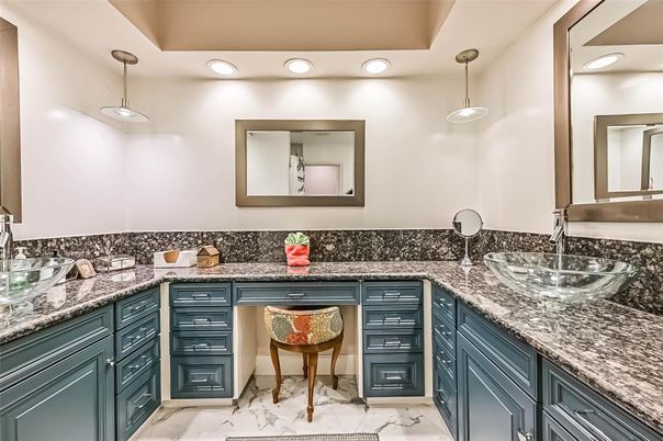 Bathroom, Dual Sink Vanities, Interior, Marble, Pendant Lights, Recessed Lighting
