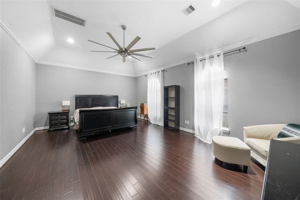 Bedroom, Interior, Recessed Lighting, Wood Texture Flooring