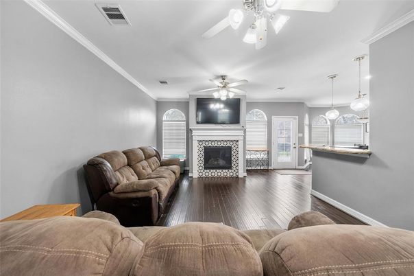 Fireplace, Interior, Living room, Pendant Lights, Wood Texture Flooring