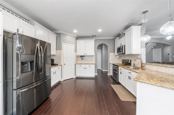 Interior, Kitchen, Pendant Lights, Recessed Lighting, Stainless Steel Appliances, Wood Texture Flooring