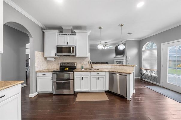 Interior, Kitchen, Pendant Lights, Recessed Lighting, Stainless Steel Appliances, Wood Texture Flooring