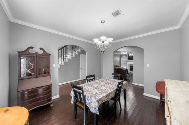 Chandelier, Dining room, Interior, Wood Texture Flooring