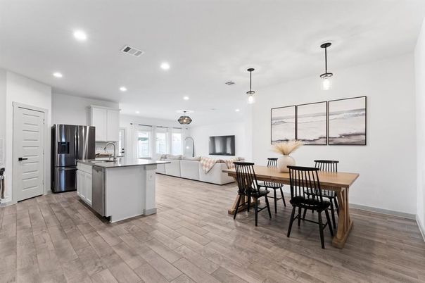 Dining room, Interior, Kitchen, Living room, Pendant Lights, Recessed Lighting, Stainless Steel Appliances, Wood Texture Flooring