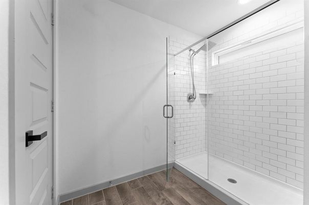 Bathroom, Glass Shower, Interior, Recessed Lighting, Wood Texture Flooring