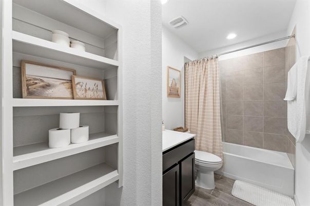 Bathroom, Interior, Recessed Lighting, Wood Texture Flooring