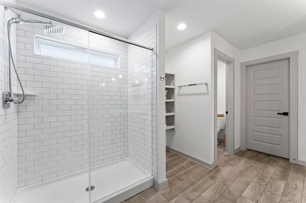 Bathroom, Glass Shower, Interior, Recessed Lighting, Wood Texture Flooring