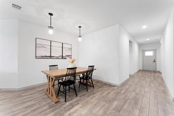 Dining room, Interior, Pendant Lights, Recessed Lighting, Wood Texture Flooring