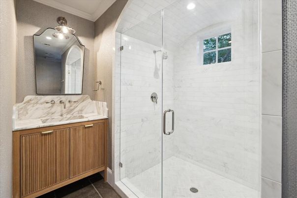 Bathroom, Glass Shower, Interior, Marble Walls, Recessed Lighting