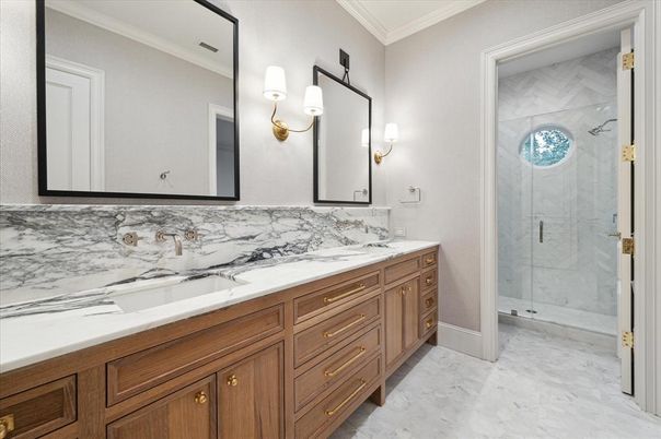 Bathroom, Dual Sink Vanities, Glass Shower, Interior, Marble, Marble Walls