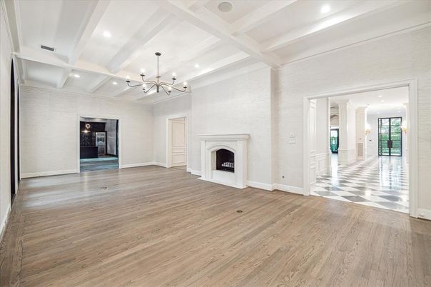 Empty room, Fireplace, Interior, Pendant Lights, Recessed Lighting, Wood Texture Flooring