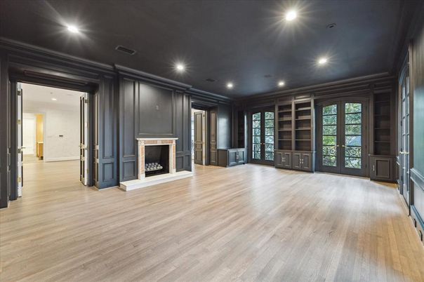 Empty room, Fireplace, Interior, Recessed Lighting, Wood Texture Flooring