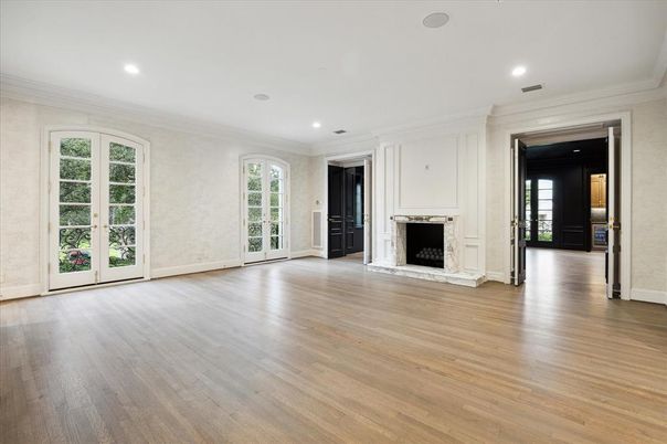 Empty room, Fireplace, Interior, Recessed Lighting, Wood Texture Flooring