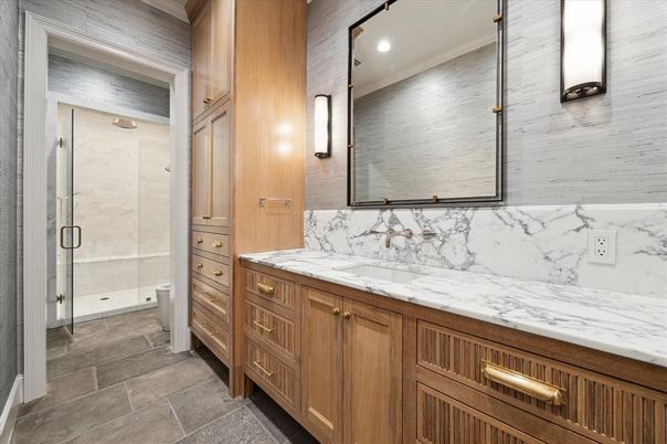 Bathroom, Glass Shower, Interior, Marble Walls, Recessed Lighting