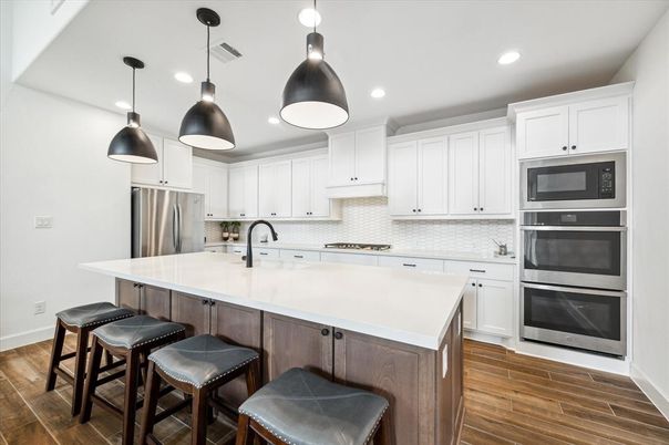 Interior, Kitchen, Pendant Lights, Recessed Lighting, Stainless Steel Appliances, Wood Texture Flooring