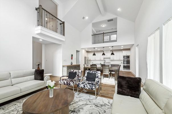 Dining room, Interior, Kitchen, Living room, Pendant Lights, Recessed Lighting, Stainless Steel Appliances, Wood Texture Flooring
