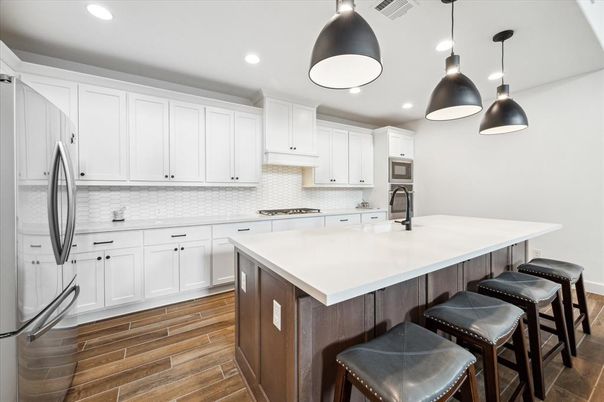 Interior, Kitchen, Pendant Lights, Recessed Lighting, Stainless Steel Appliances, Wood Texture Flooring