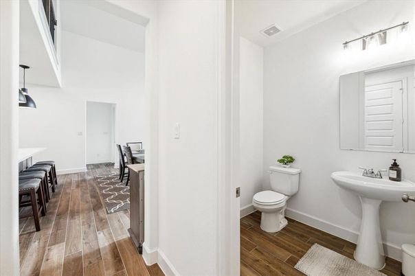 Bathroom, Interior, Pendant Lights, Wood Texture Flooring