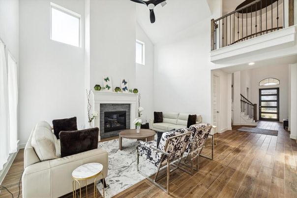 Fireplace, Interior, Living room, Recessed Lighting, Wood Texture Flooring