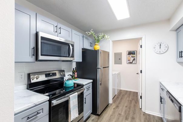 Interior, Kitchen, Stainless Steel Appliances, Wood Texture Flooring