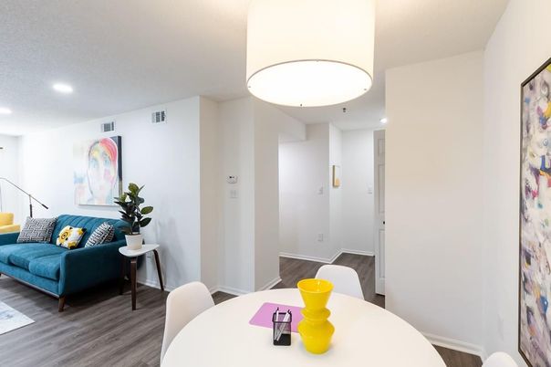 Dining room, Interior, Recessed Lighting, Wood Texture Flooring