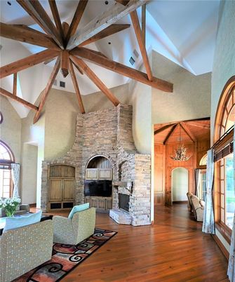 Fireplace, Interior, Living room, Stone Walls, Wooden Beams, Wood Texture Flooring