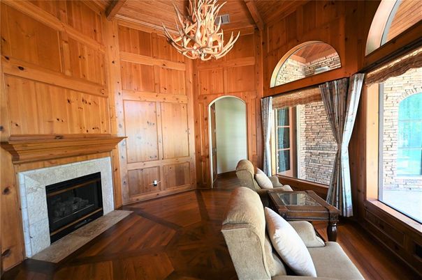 Chandelier, Fireplace, Interior, Wooden Ceilings, Wood Texture Flooring, Wooden Walls