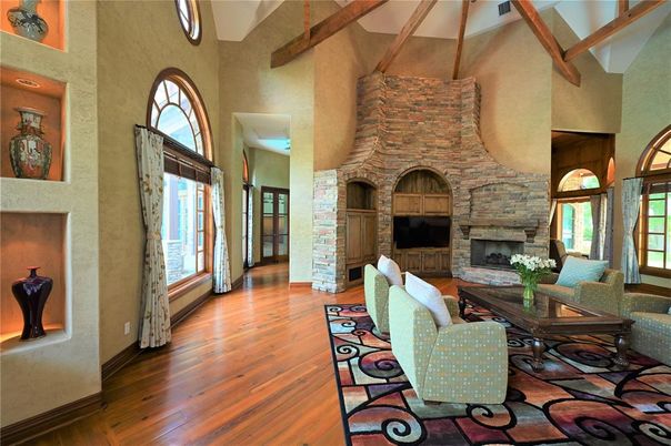 Fireplace, Interior, Living room, Stone Walls, Wooden Beams, Wood Texture Flooring