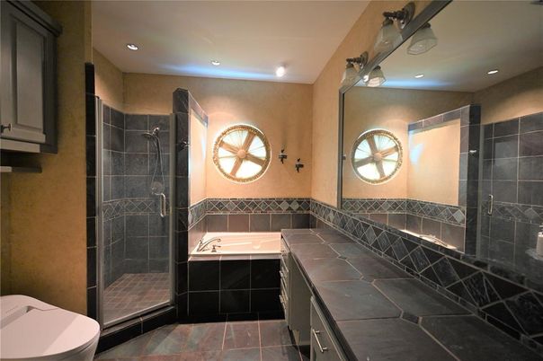 Bathroom, Dual Sink Vanities, Glass Shower, Interior, Recessed Lighting, Tile Countertops