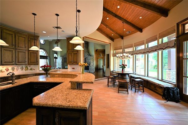 Chandelier, Dining room, Interior, Kitchen, Pendant Lights, Recessed Lighting, Wooden Beams, Wooden Ceilings, Wood Texture Flooring