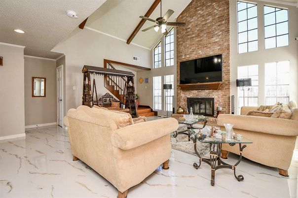 Fireplace, Interior, Living room, Marble, Recessed Lighting, Stone Walls