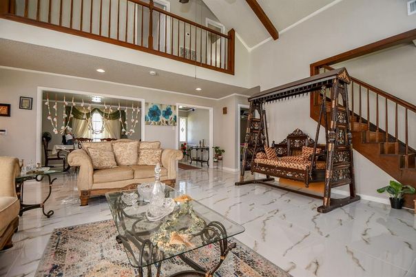 Interior, Living room, Marble, Recessed Lighting, Wooden Beams