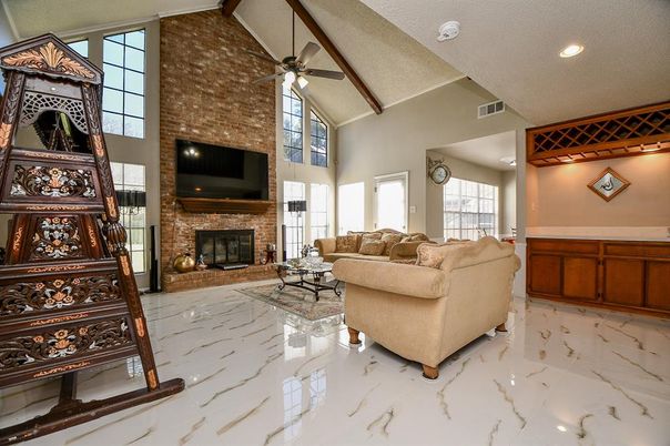 Fireplace, Interior, Living room, Marble, Recessed Lighting, Stone Walls
