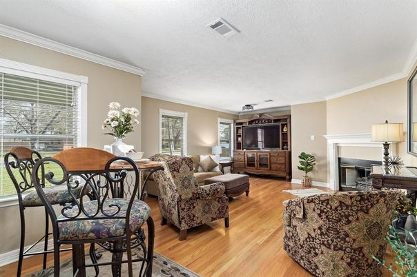 Dining room, Fireplace, Interior, Living room, Wood Texture Flooring