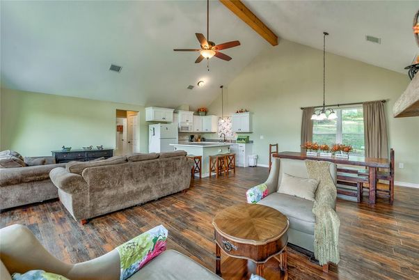 Dining room, Interior, Kitchen, Living room, Pendant Lights, Wooden Beams, Wood Texture Flooring
