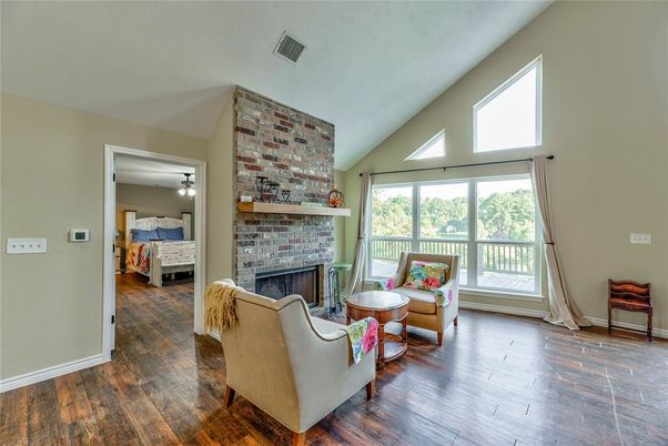 Bedroom, Fireplace, Interior, Living room, Stone Walls, Wood Texture Flooring