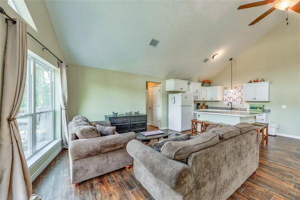 Interior, Kitchen, Living room, Pendant Lights, Wood Texture Flooring