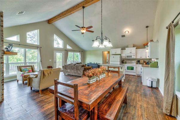 Chandelier, Dining room, Interior, Kitchen, Living room, Pendant Lights, Wooden Beams, Wood Texture Flooring
