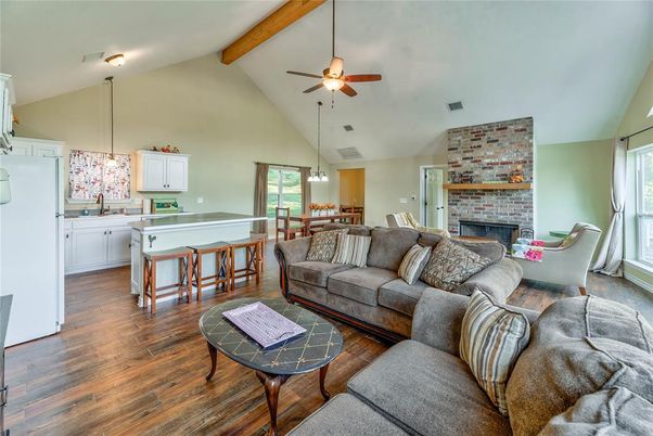 Dining room, Fireplace, Interior, Kitchen, Living room, Pendant Lights, Stone Walls, Wooden Beams, Wood Texture Flooring