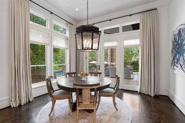 Dining room, Interior, Pendant Lights, Recessed Lighting, Wood Texture Flooring