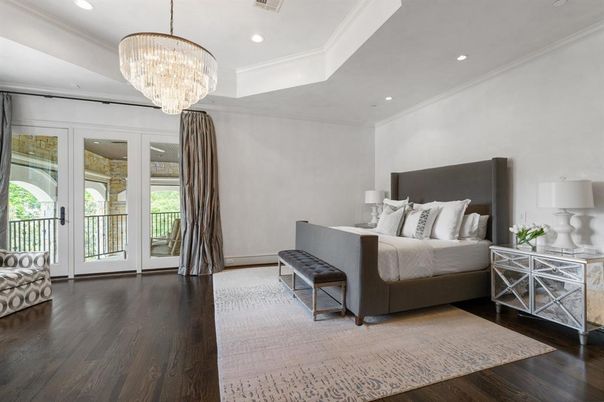 Bedroom, Chandelier, Interior, Recessed Lighting, Wood Texture Flooring