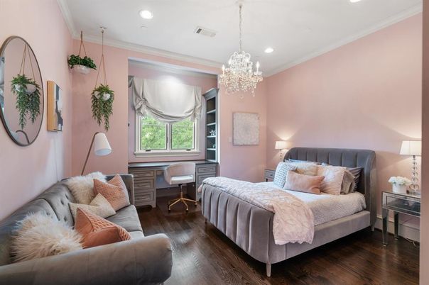 Bedroom, Chandelier, Interior, Recessed Lighting, Wood Texture Flooring