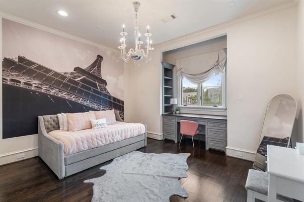 Bedroom, Chandelier, Interior, Recessed Lighting, Wood Texture Flooring