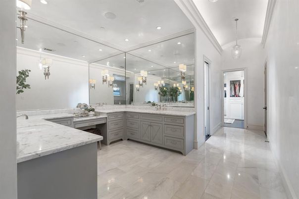 Bathroom, Dual Sink Vanities, Interior, Marble, Pendant Lights, Recessed Lighting