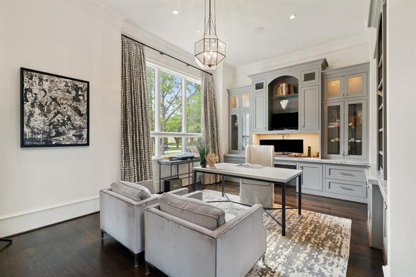 Home Office, Interior, Pendant Lights, Recessed Lighting, Wood Texture Flooring