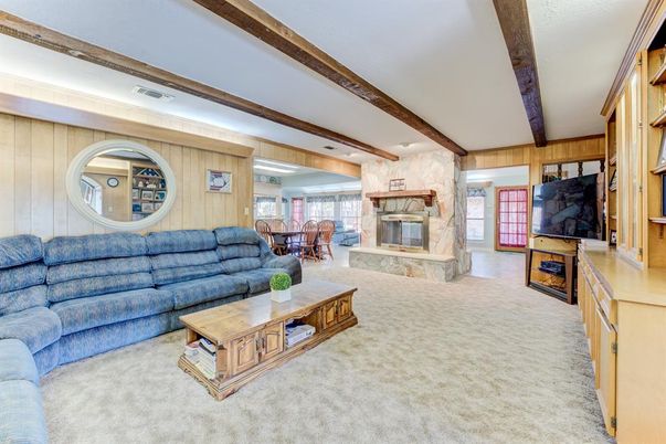 Dining room, Fireplace, Interior, Living room, Recessed Lighting, Wooden Beams, Wooden Walls