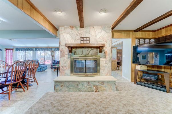 Dining room, Fireplace, Interior, Recessed Lighting, Wooden Beams