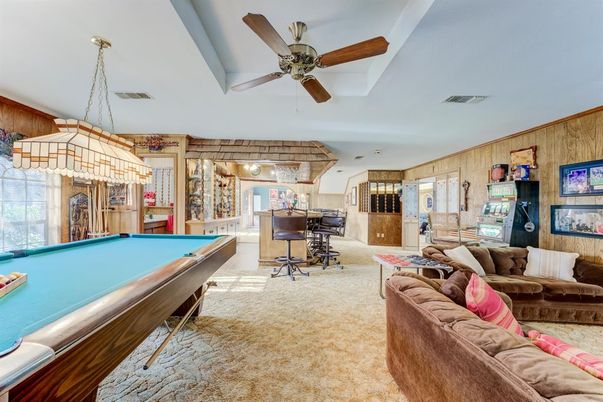 Billiard Table, Chandelier, Game Room, Interior, Living room, Pendant Lights, Wooden Walls